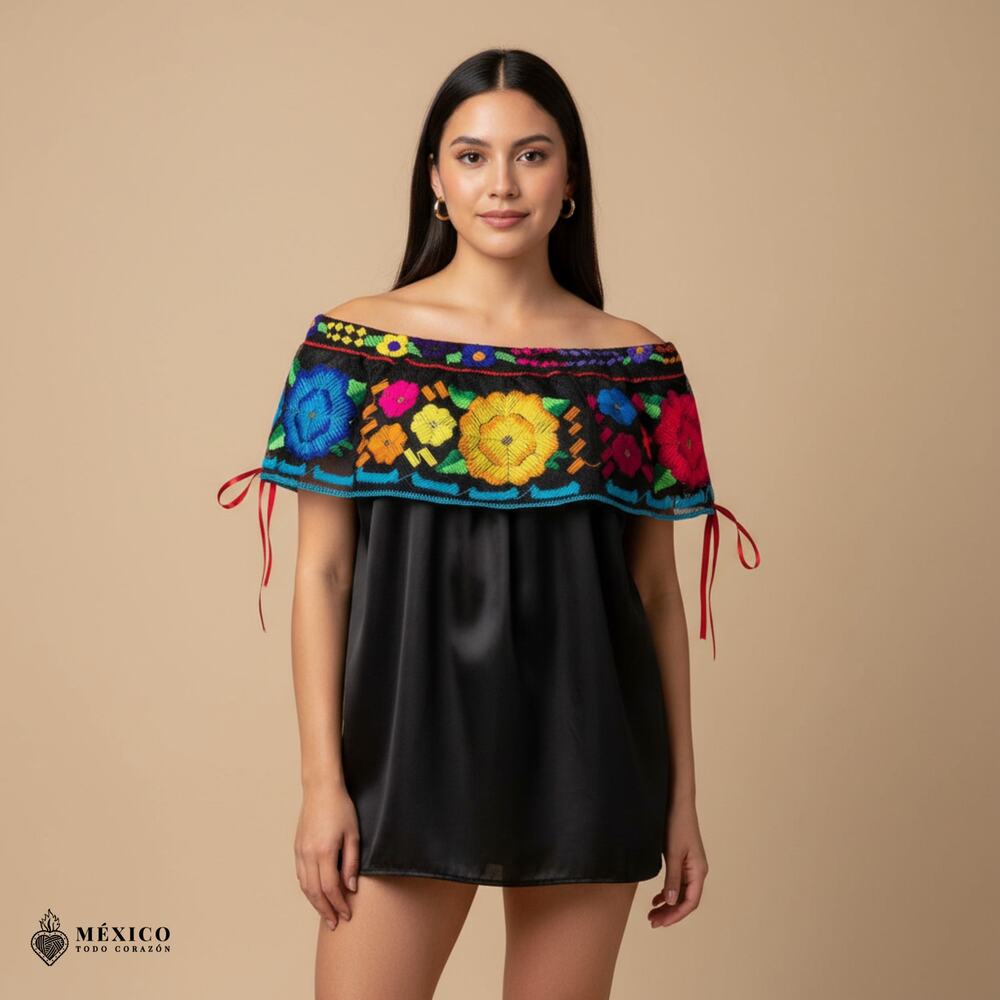 Black Mexican Chiapaneca Blouse – Satin Floral Embroidered Olan Top